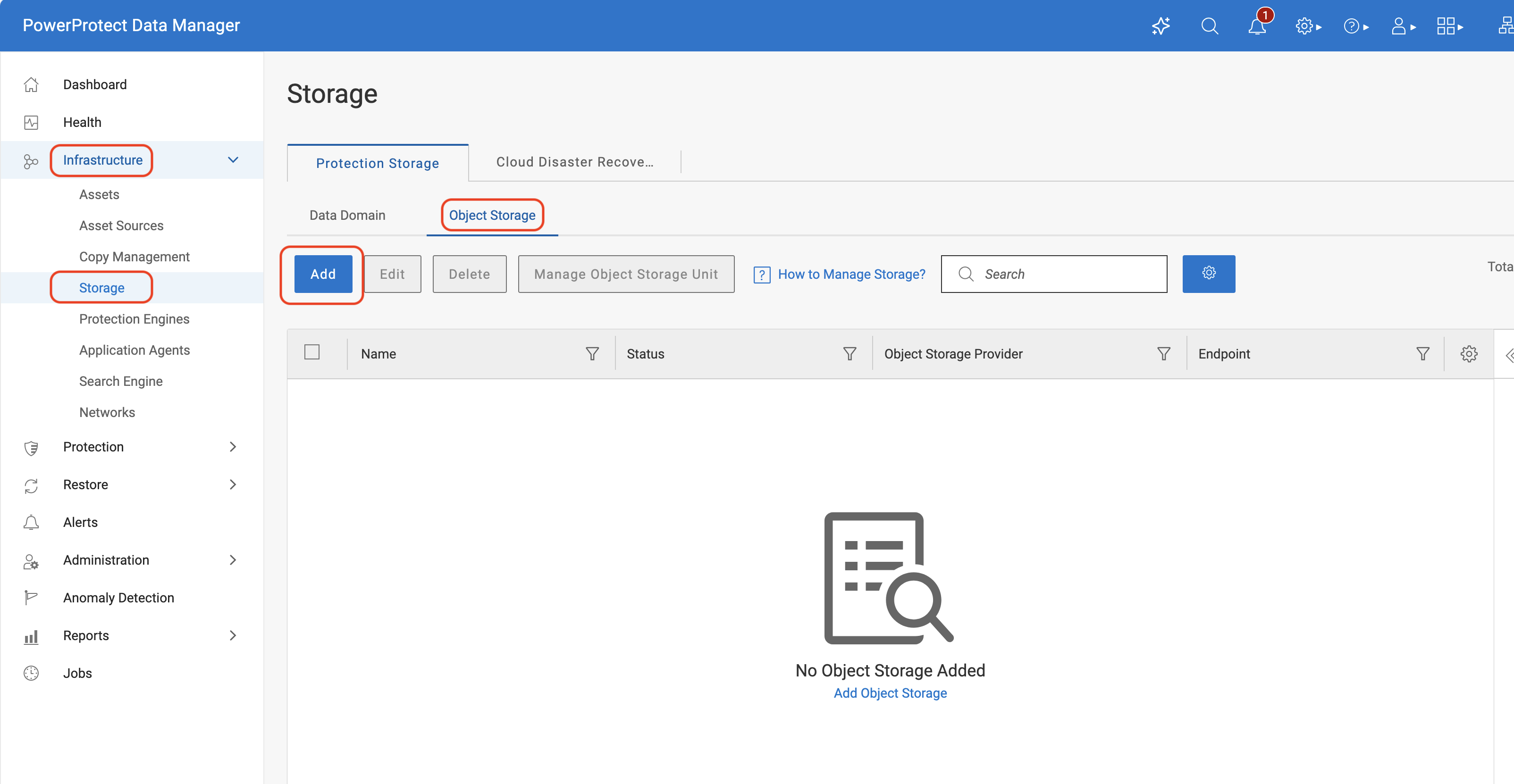 PowerProtect Data Manager interface showing storage options and an add button.